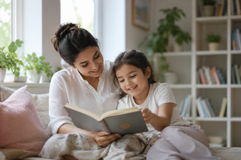 Mom and daughter enjoys reading books